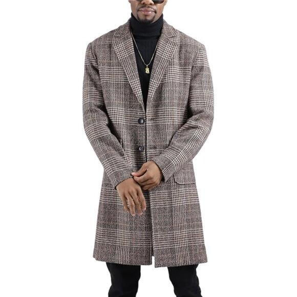 Other - Mens Trench Plaid Mid Long Peacoat Pea Coats Khaki